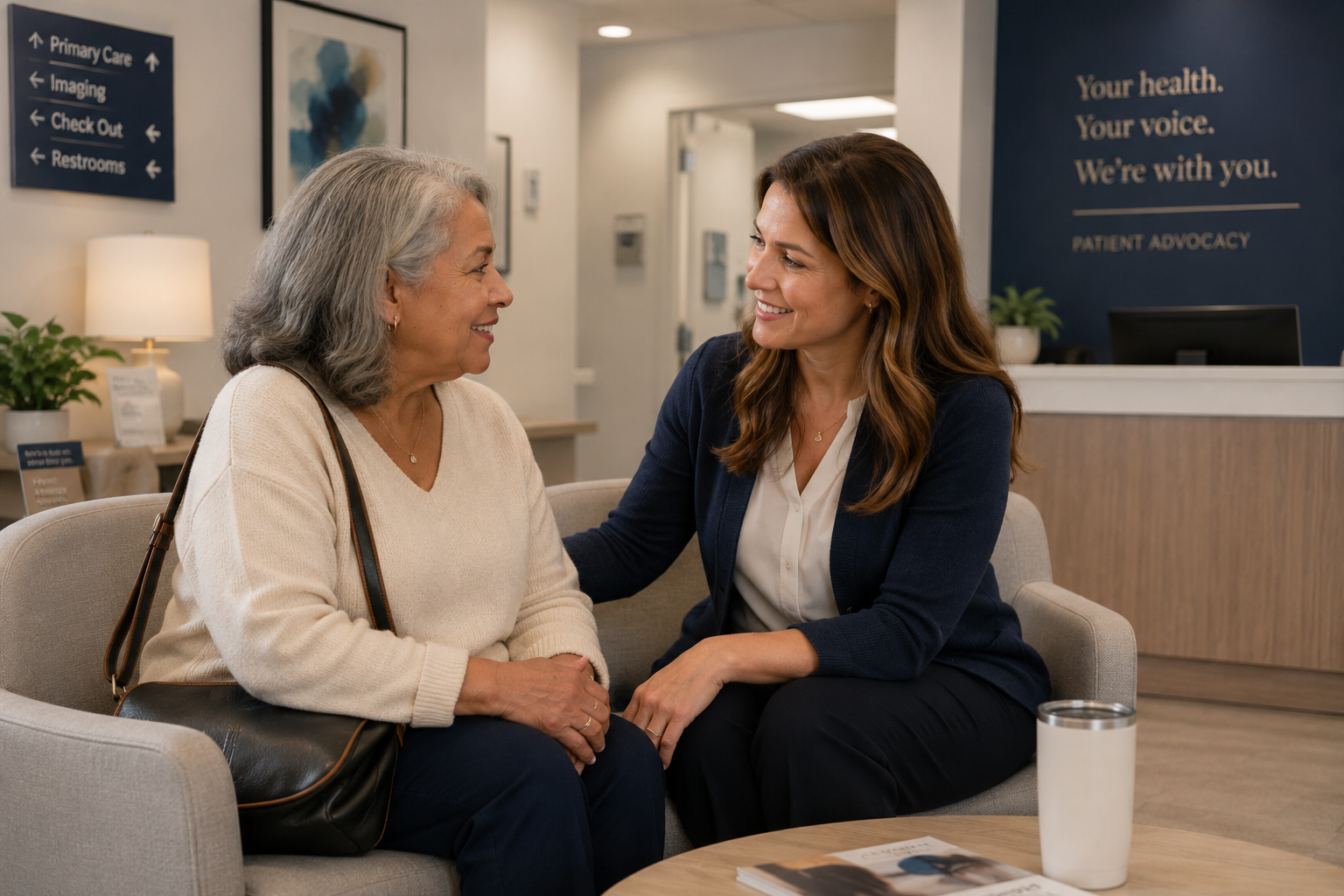A nurse and a client talk together in a bright clinic waiting area