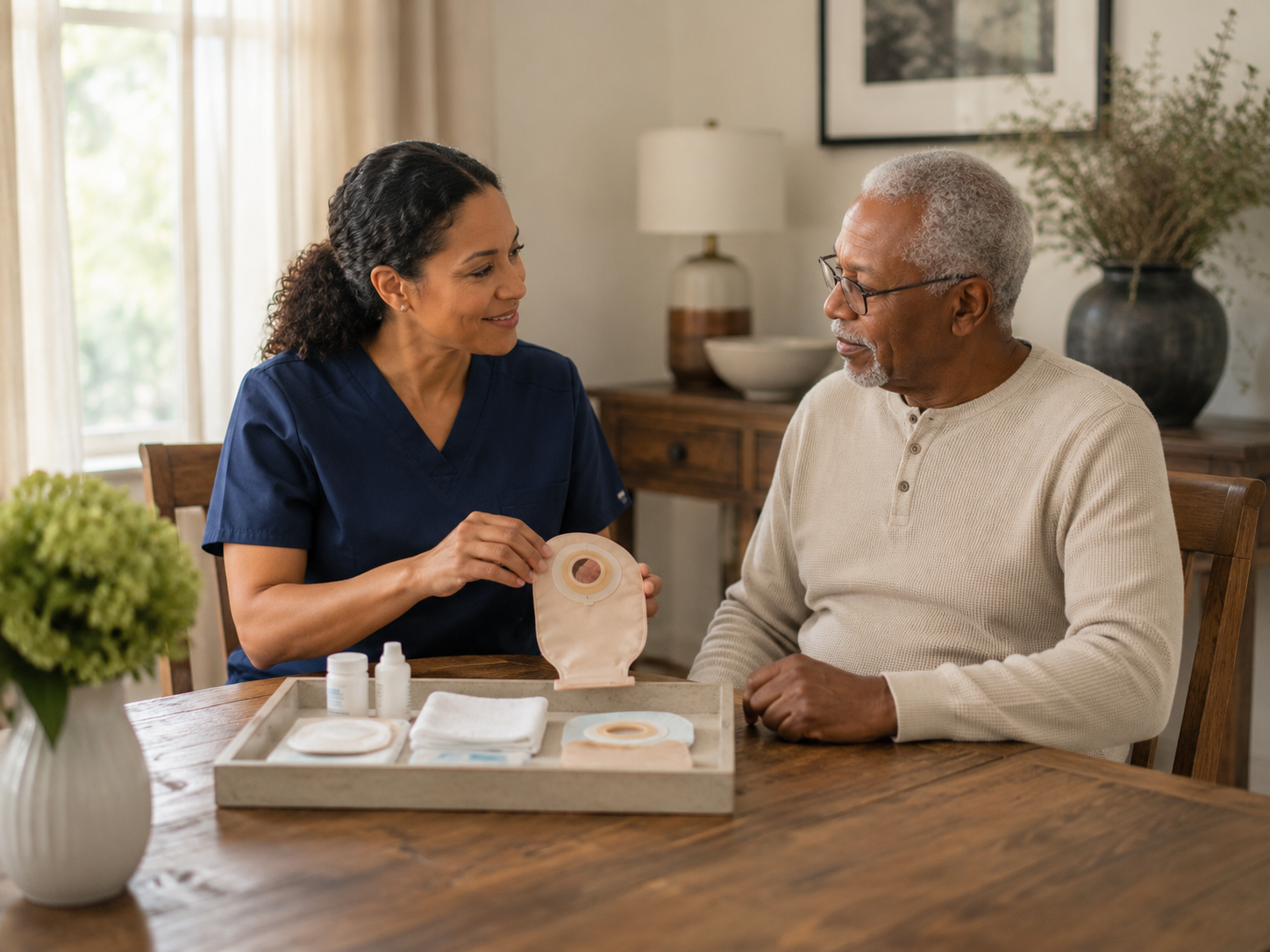 A nurse reviews an ostomy pouch with a client at a wooden table