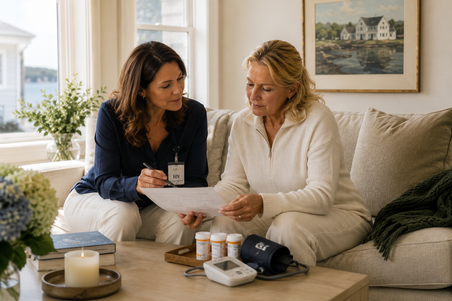 A registered nurse reviewing a care plan with a client at home