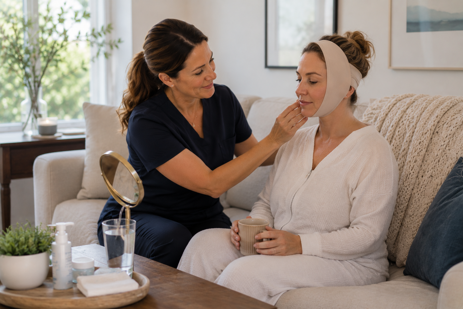 A nurse provides gentle cosmetic recovery support to a client at home